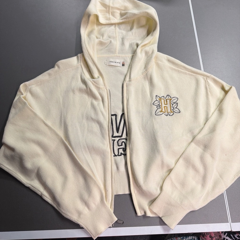 Honor The Gift Women's Jacquard Full Zip Hoodie in a cream color Size Small